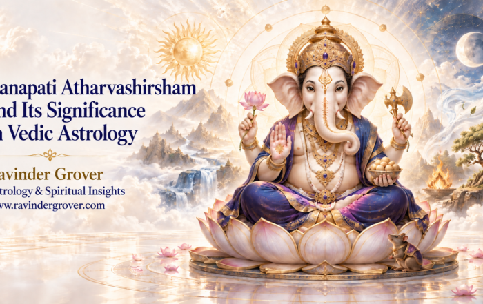 “Lord Ganesha representing the cosmic wisdom of the Ganapati Atharvashirsham and its significance in Vedic Astrology.”